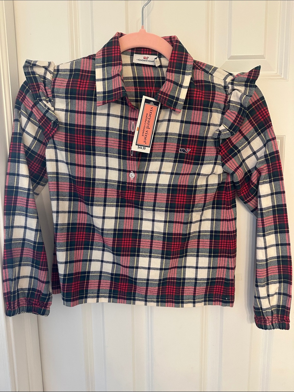 Vineyard Vines Girls' Red, Navy & White Plaid Ruffle-Shoulder Button Down